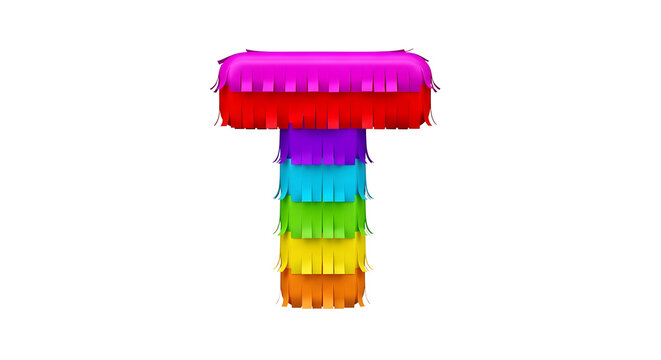 Colorful letter t shaped as a festive party pinata with bright paper fringes