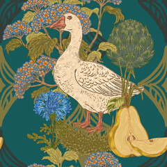 Seamless botanical pattern: geese, cornflowers, artichokes, hydrangeas, and pears  vintage illustration featuring garden flowers © Naya Chu