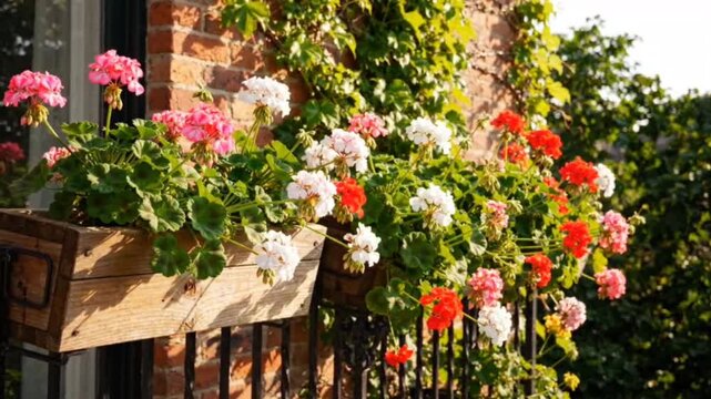 Beautiful pelargonium flowers blooming in wooden planter boxes on wrought iron balcony railing against brick wall with green vines in soft summer evening light.