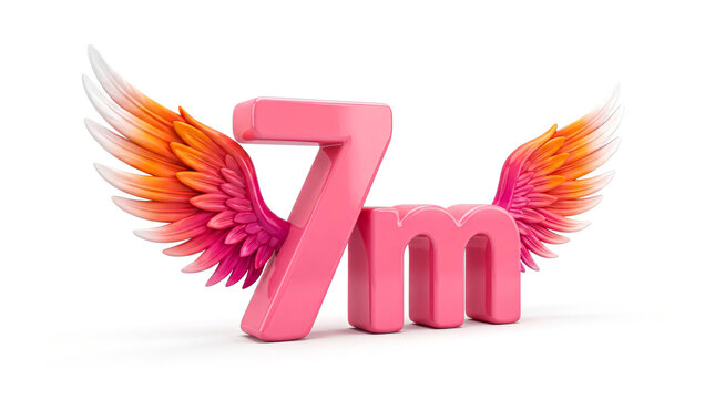 Glossy Pink 7m Text with Colorful Angel Wings 3D Render Isolated on White Background