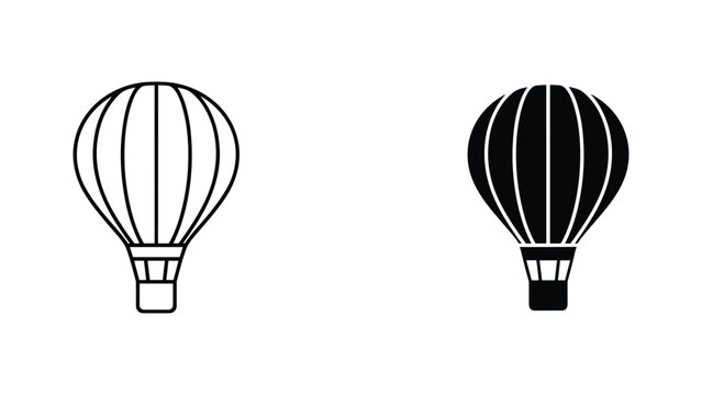 Hot air balloon travel and adventure icon set in outline and solid black vector illustration style