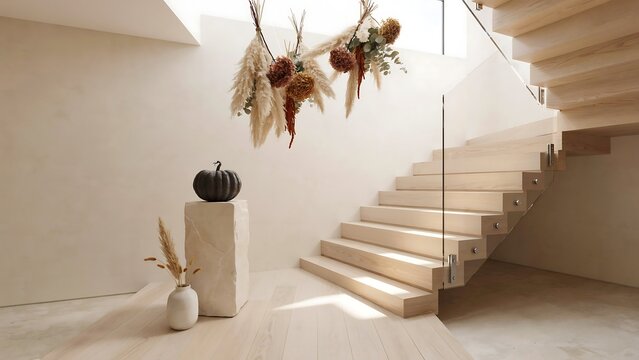 Modern beige minimalist staircase interior with dried pampas grass decorations and stone pedestal