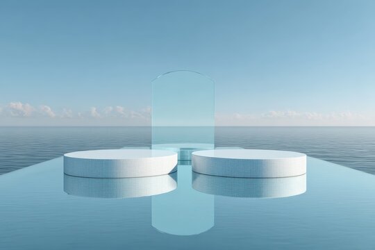 Two glass podiums on sea surface texture blue background. Pedestal display and water waves pattern for beauty, spa, cosmetic summer product present. Blank scene presentation platform mockup. 3D stand