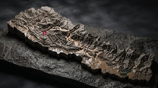 3D Topographic Relief Map of Nepal with Flag on Dark Slate Base, Detailed Himalayan Mountain Terrain Elevation and Geography Cartography Model for Travel, Exploration, and Education