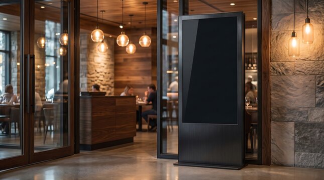 Blank vertical digital signage display standing in front of a modern restaurant entrance