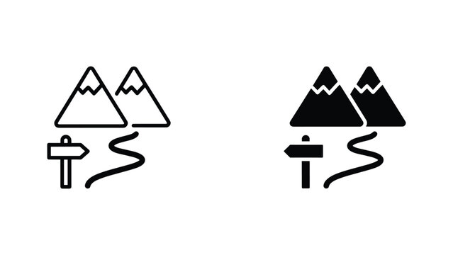 Mountain hiking trail and signpost icon set in outline and solid black vector for travel design