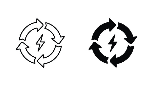 Renewable energy lightning bolt circular arrow icon set in outline and solid black vector design