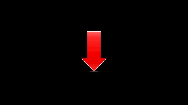 Animated red arrow pointing down. Red down arrow on black screen,on alpha transparent background, arrow black background. direction symbol indicating back or previous page. simple red pointer showing