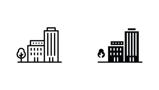 Modern city buildings vector icon set with trees for urban development and real estate concepts