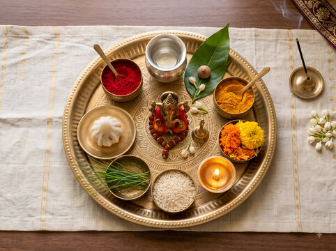 Traditional Ganesh Chaturthi puja thali with diya, kumkum, turmeric, flowers, rice, durva grass and modak arranged for Hindu worship and Indian festive celebrations.