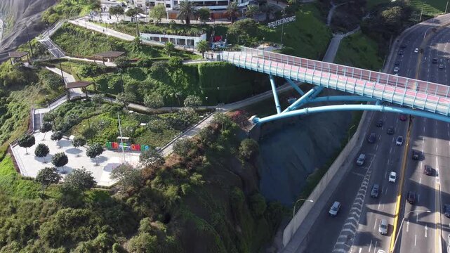 Aerial view of the puente de los suspiros bridge and the circuito de playas highway in lima, peru