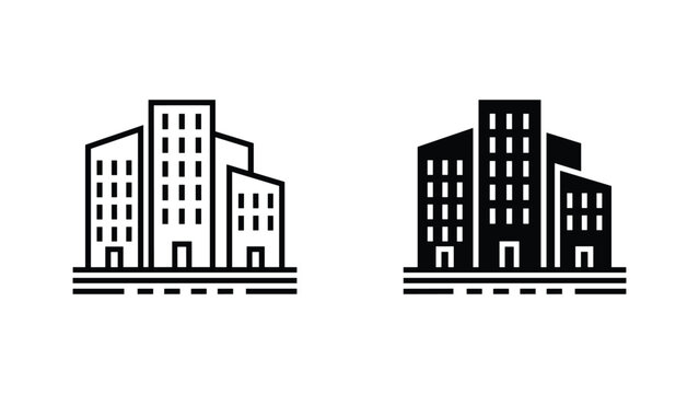 Modern skyscraper building icons in outline and solid vector format for commercial real estate use