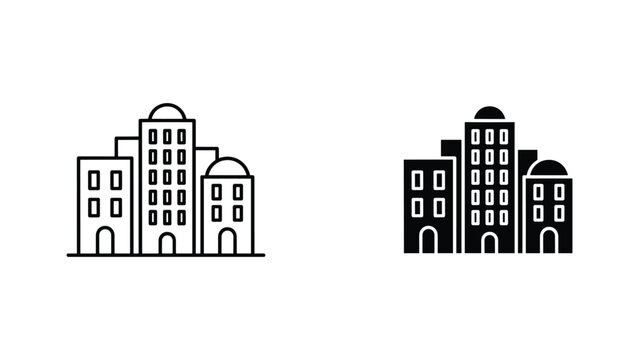 Minimalist city building icon set featuring outline and solid styles for urban architectural design