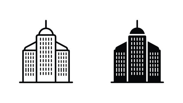 Tall office building icon set featuring dome roof design in outline and solid vector styles
