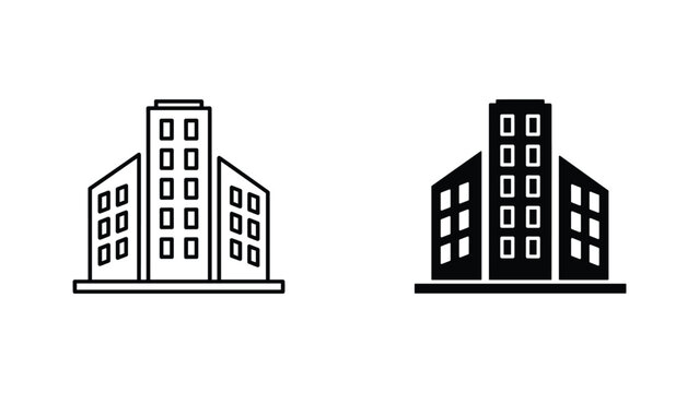 Commercial building complex icon with angular roof in outline and solid vector graphic format