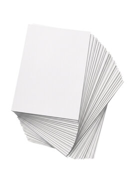 large stack of blank white paper sheets on transparent background.