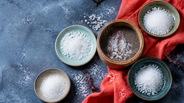 assorted gourmet salts in ceramic bowls, white and black sea salt, rustic blue textured background, red fabric accent, culinary ingredients for cooking