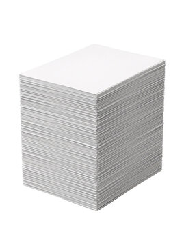 Large stack of white blank paper sheets isolated on png.