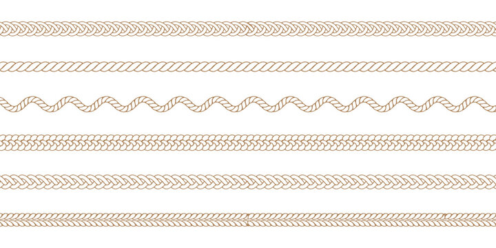 Seamless nautical twisted rope borders and braided cord pattern set isolated on white vector illustration design.