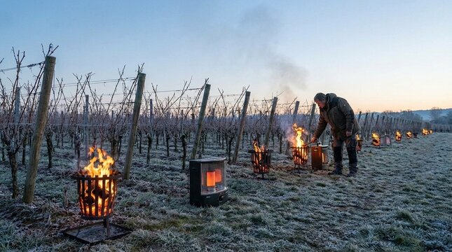 Frost covered vineyard rows stretching into the distance, early morning agricultural scene, cool atmospheric light, symbolizing harvest seasons and rural life