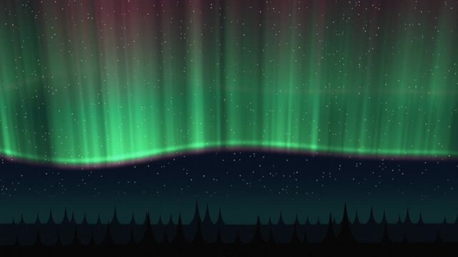 Green aurora borealis with glowing rays dancing over a dark spruce forest under a starry winter night sky, seamless loop background with copy space