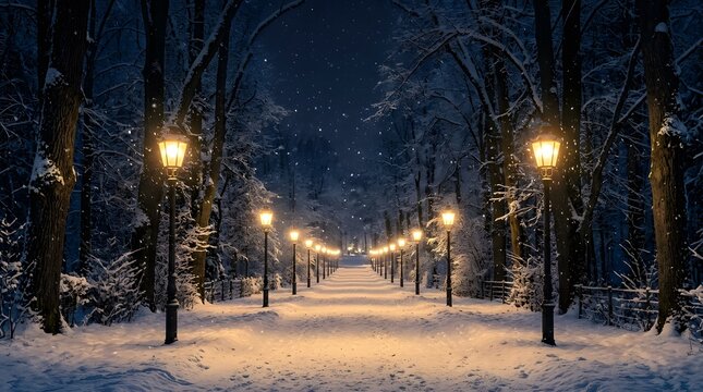 A beautiful winter park alley illuminated by glowing street lamps during a peaceful snowy evening in the city