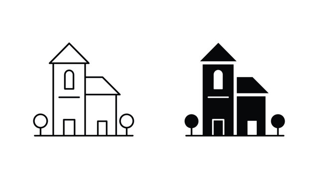 Church building icon set featuring minimalist line art and solid black graphic design for web interface