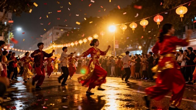 Vibrant nighttime festival scene with colorful lights and falling confetti, joyful crowd celebration atmosphere, capturing festive community energy and bright illumination