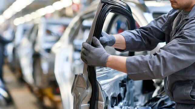 Worker installing car door seal on vehicle body in automotive assembly line, manufacturing process and quality control workflow