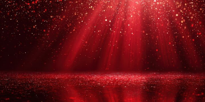 Red sparkle glitter blurred background. Glittering sequins wall. Blank empty textured effect. Creative bright vibrant red color backdrop. Shiny lights wallpaper for ads, gifts wrap, web design. Banner