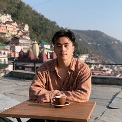 Naklejka premium Young man sitting at outdoor cafe with coffee on mountain terrace background for travel lifestyle background