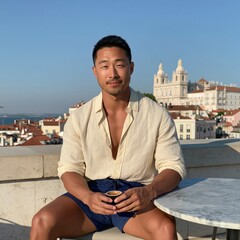 Naklejka premium Relaxed man in linen shirt holding a cup on a european rooftop with historic city views for travel portrait use