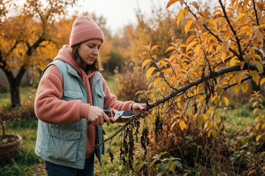 Woman gardener prunes dead branches using shears in autumn garden. Person cares for plants, works outdoors with fall foliage. Natural country life and backyard upkeep.