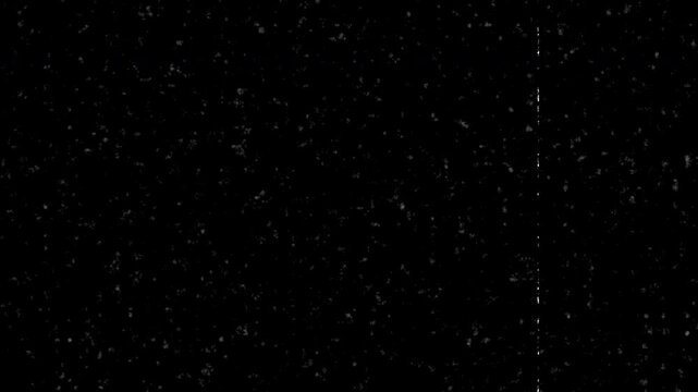 Noise, dirt, dust, scratches and grain on old damaged film surface. Old film look, tv signal with white bad interference, static noise background. Black background. 4K