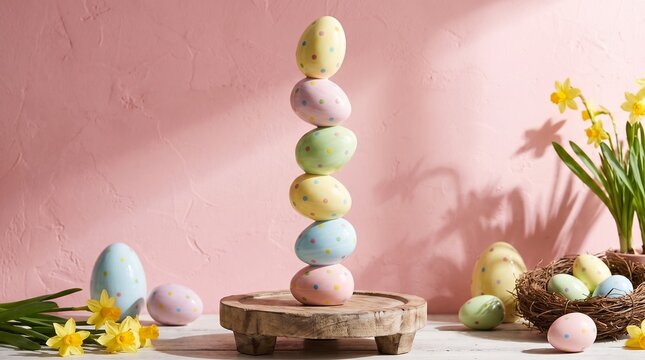 Awesome design, Stack of Easter eggs with colorful polka dots on pink background, photo