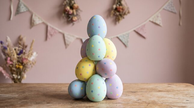 Awesome design, Stack of Easter eggs with colorful polka dots on pink background, photo