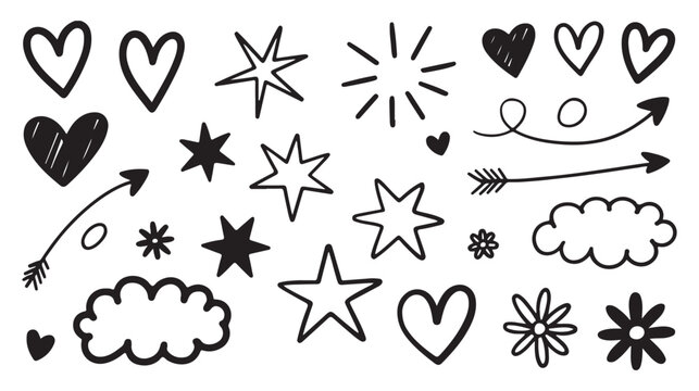 Hand drawn doodle hearts stars arrows and star Fream vector collection 