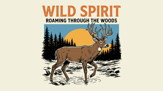 Vintage wild spirit deer buck roaming through the woods and river with pine forest and sun outdoor adventure illustration for t-shirt design print and apparel