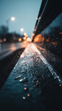 Rainwater droplets sparkling on wet urban ledge beside reflective glass with blurred city lights creating moody evening atmosphere weather texture rainfall nightlife abstract background concept