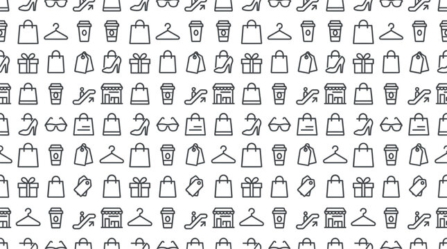 Shopping mall and fashion retail seamless pattern background with minimalist linear icons of bags shoes and coffee vector