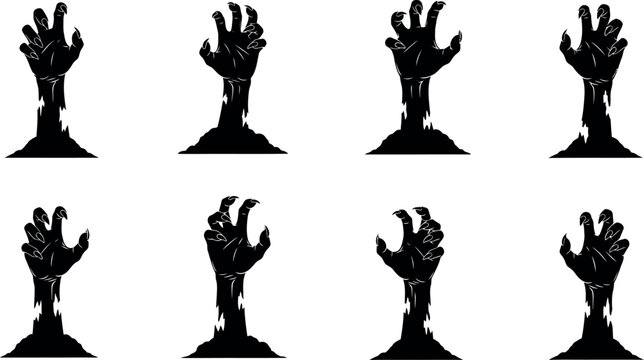 Zombie hands silhouette set, 8 undead reaching arms rising from ground, spooky Halloween horror vector graphics for posters
