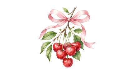 Obraz premium Ripe red cherries cluster with elegant pink ribbon