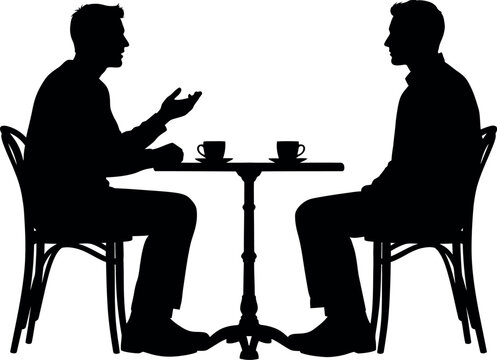 Silhouette of two men talking at a cafe table, businessmen having a meeting over coffee, male friends chatting in a restaurant