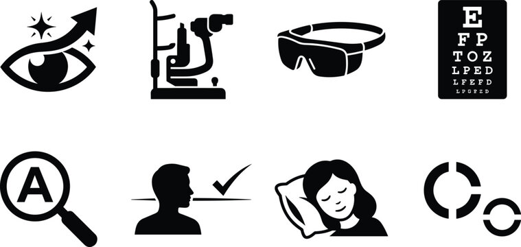 Eye health and vision care icons showing optometry tools, protective goggles, and vision testing symbols