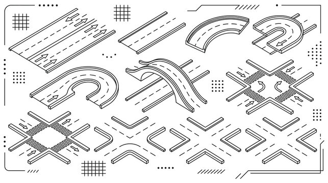 Isometric road set with black outline street segments for urban infrastructure construction.