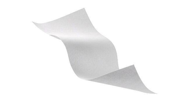 White curved paper sheet flying or falling on transparent background.