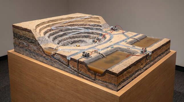 Scale model of open pit mine with tiered excavation roads and industrial layout for geological and engineering display