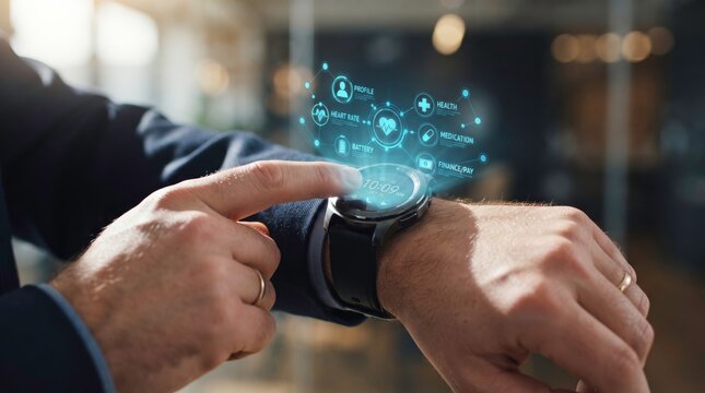 Smartwatch Interface: A man's hand, wearing a suit jacket, interacts with a futuristic smartwatch displaying a vibrant, holographic user interface with icons for health and communication.
