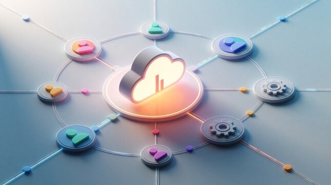 Digital cloud computing concept with glowing center icon. Interconnected network nodes link user profiles, gear settings through glowing lines. Abstract tech graphic shows data flow, cloud storage,