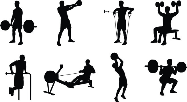 Fitness silhouettes showing strength training and workout exercises with gym equipment and functional movements